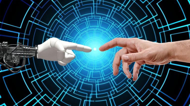 Marketing Intelligence - digitaler und menschlicher Zeigefinger als Symbol für eine gemeinsame Zukunft